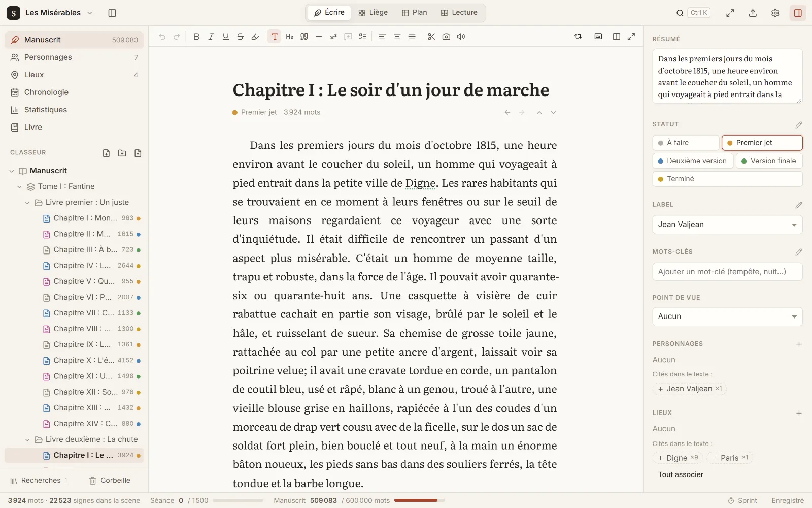 Une scène des Misérables ouverte dans Scribkat, avec le classeur des chapitres et l'inspecteur
