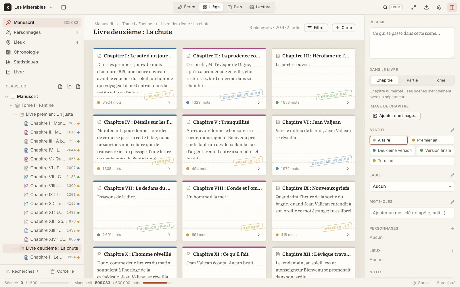 Le tableau de liège de Scribkat : une fiche par scène avec résumé, statut et nombre de mots