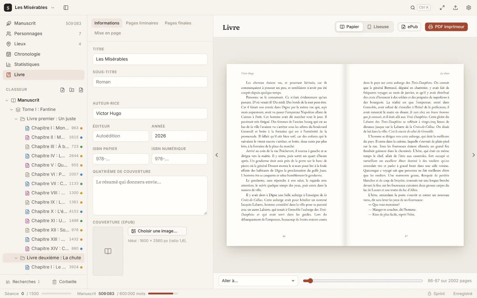 Aperçu d'une double page du livre mis en page par Scribkat, avec en-têtes et numéros de page
