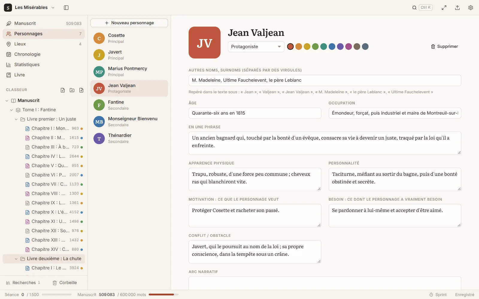 La fiche du personnage Jean Valjean dans Scribkat : âge, occupation, motivation, besoin, conflit